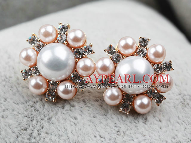 Fashion Style immitation Runde Weiß und Pink Pearl mit Strass Vergoldet Hypoallergen Blumen Ohrstecker