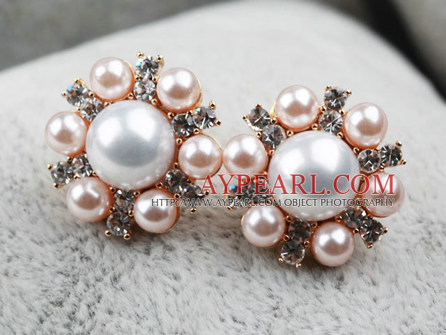 Fashion Style Immitation Round White and Pink Pearl with Rhinestone Gold Plated Hypoallergenic Flower Studs Earrings