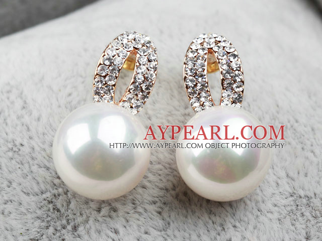 Fashion Style Immitation Round Pearl with Rhinestone Gold Plated Hypoallergenic Hoop Studs Earrings