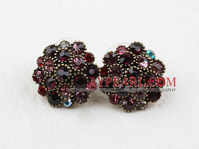 Antikk Stil Flower Shape Mørk rød Rhinestone Studs øredobber