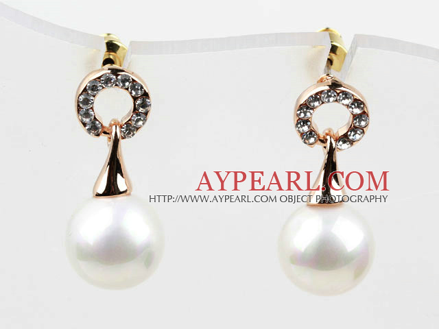 Fashion Style Immitation Round Pearl with Ring Shape Rhinestone Gold Plated Hypoallergenic Studs Earrings