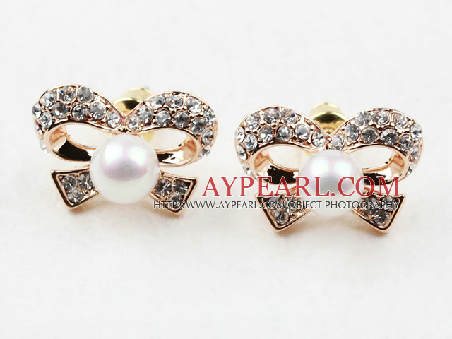 Fashion Style Immitation Round Pearl with Bow Shape Rhinestone Gold Plated Hypoallergenic Studs Earrings