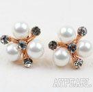 Fashion Style Immitation Round Pearl with Rhinestone Gold Plated Hypoallergenic Snowflake Studs Earrings