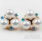 Fashion Style Immitation Round Pearl with Blue Rhinestone Gold Plated Hypoallergenic Studs Earrings