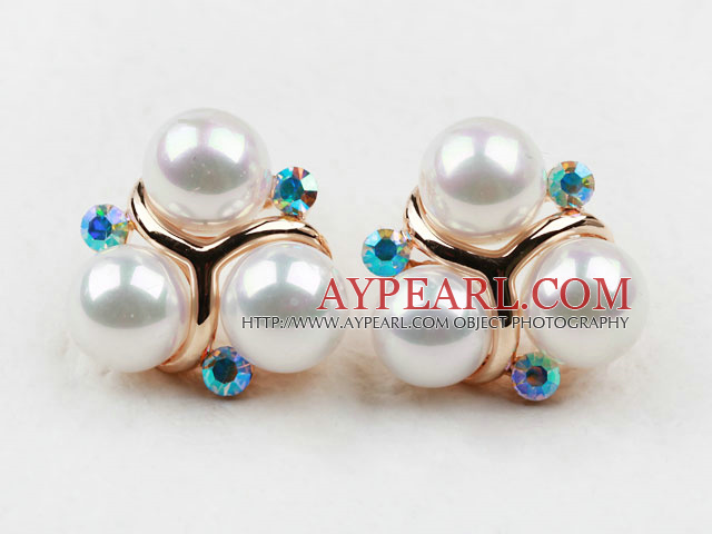 Fashion Style Immitation Round Pearl with Blue Rhinestone Gold Plated Hypoallergenic Studs Earrings