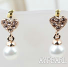 Fashion Style Immitation Round Pearl with Heart Rhinestone Gold Plated Hypoallergenic Studs Earrings