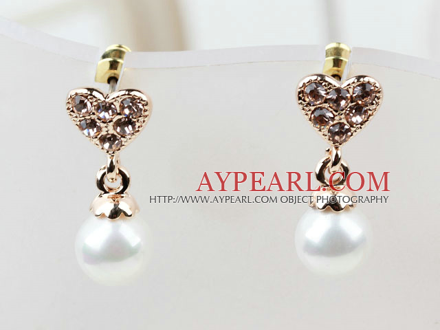Fashion Style Immitation Round Pearl with Heart Rhinestone Gold Plated Hypoallergenic Studs Earrings