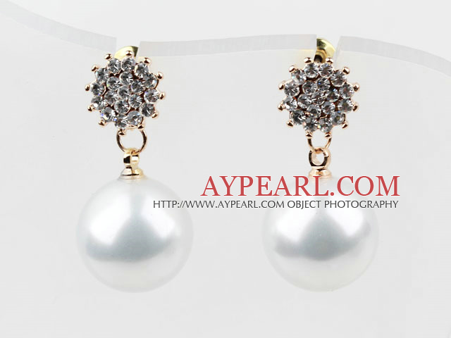 Fashion Style Immitation Round Pearl with Snowflake Rhinestone Gold Plated Hypoallergenic Studs Earrings