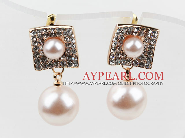 Fashion Style Immitation Round Pearl with Square Rhinestone Gold Plated Hypoallergenic Studs Earrings