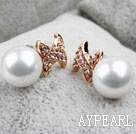 Fashion Style Immitation Round Pearl with X Shape Rhinestone Gold Plated Hypoallergenic Studs Earrings