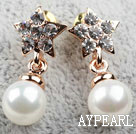 Fashion Style Immitation Round Pearl with Star Shape Rhinestone Gold Plated Hypoallergenic Studs Earrings