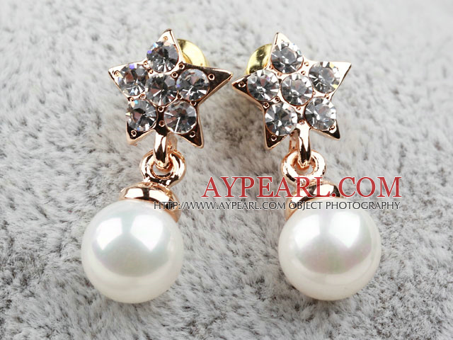 Fashion Style Immitation Round Pearl with Star Shape Rhinestone Gold Plated Hypoallergenic Studs Earrings