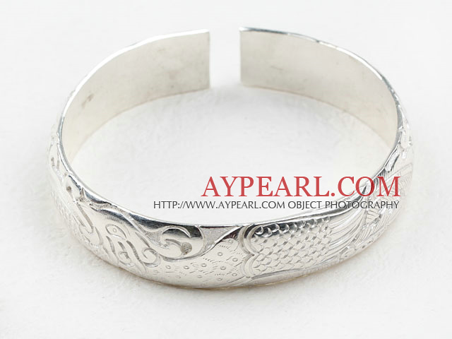 Classic Design Sterling Silver Bangle (Med mønster av Phoenix og Peony)