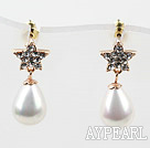 Drop Shape Immitation Pearl with Star Shape Rhinestone Gold Plated Hypoallergenic Studs Earrings