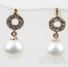 Immitation Round Pearl with Donut Shape Rhinestone Gold Plated Hypoallergenic Studs Earrings