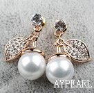 Immitation Round Pearl with Cherry Shape Rhinestone Gold Plated Hypoallergenic Studs Earrings