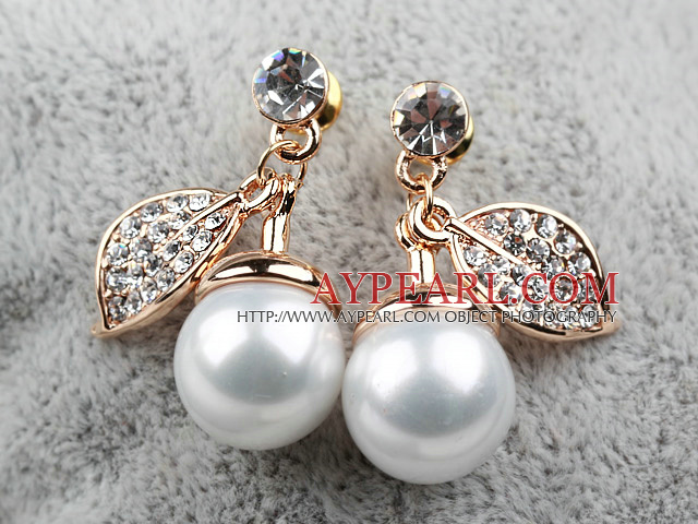Immitation Round Pearl with Cherry Shape Rhinestone Gold Plated Hypoallergenic Studs Earrings