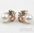 Immitation Round Pearl with Rhinestone Gold Plated Hypoallergenic Studs Earrings