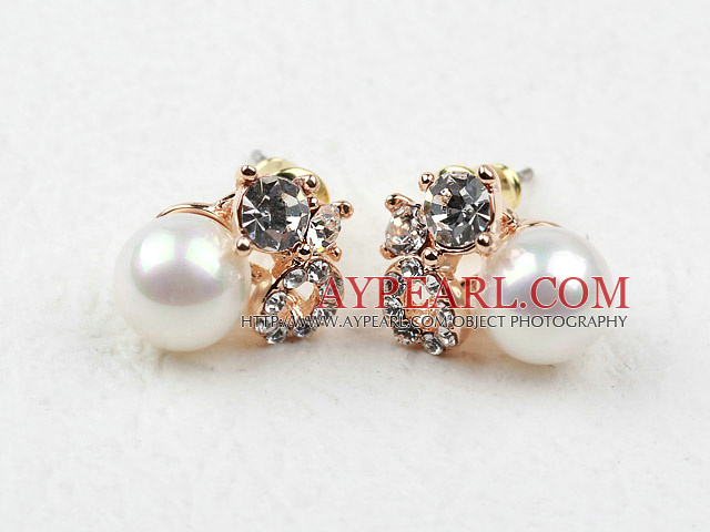 Immitation Round Pearl with Rhinestone Gold Plated Hypoallergenic Studs Earrings