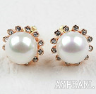 Immitation Round Pearl with Flower Shape Rhinestone Gold Plated Hypoallergenic Studs Earrings