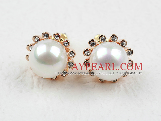 Immitation Round Pearl with Flower Shape Rhinestone Gold Plated Hypoallergenic Studs Earrings