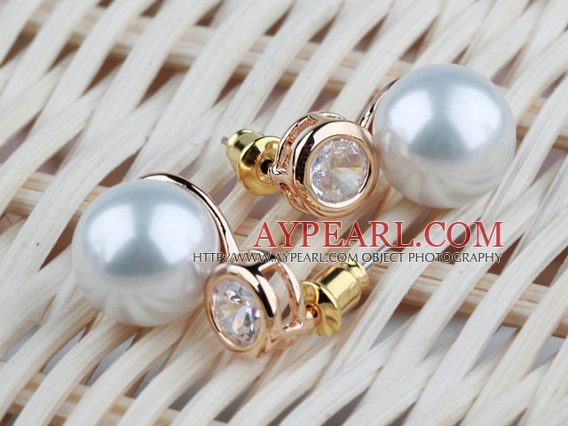 Simple Style Immitation Round Pearl with Rhinestone Gold Plated Hypoallergenic Studs Earrings