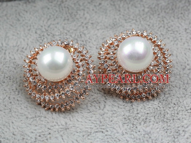 Immitation Round Pearl with Hat Shape Rhinestone Gold Plated Hypoallergenic Studs Earrings