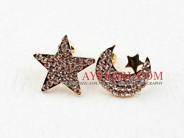 Mote Stil Star og Moon Shape Rhinestone Gold Plated Hypoallergenic Studs øredobber