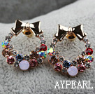 Fashion Style Annulus Shape Rhinestone with Bow Gold Plated Hypoallergenic Studs Earrings