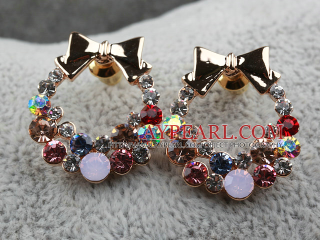 Fashion Style Annulus Shape Rhinestone with Bow Gold Plated Hypoallergenic Studs Earrings
