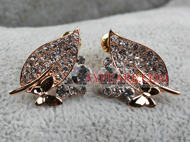 Fashion Style Leaf Shape Rhinestone with Butterfly Gold Plated Hypoallergenic Studs Earrings