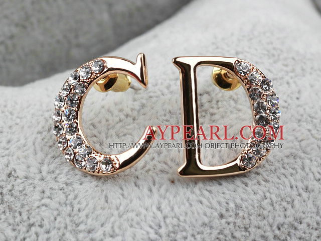 Fashion Style C D Alphabet Shape Rhinestone Gold Plated Hypoallergenic Studs Earrings