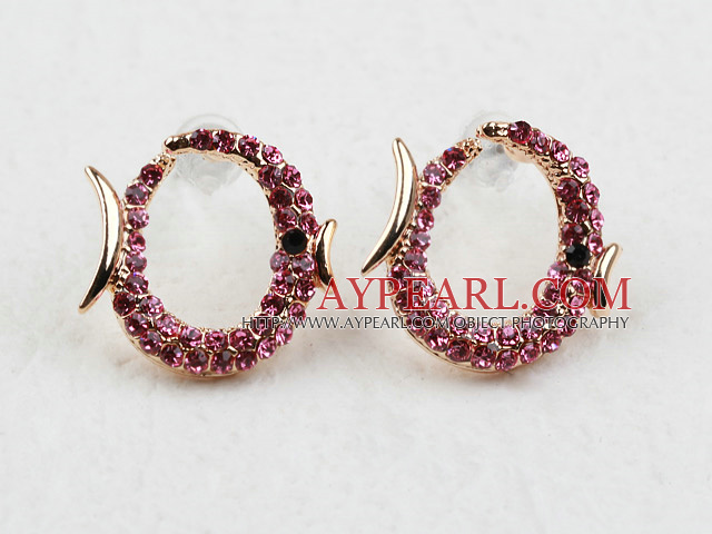 Fashion Style Fish Shape Pink Rhinestone Gold Plated Hypoallergenic Studs Earrings