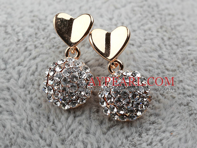 Fashion Style Half Ball Shape Rhinestone with Heart Accessory Gold Plated Hypoallergenic Studs Earrings