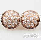 Immitation Rice Shape Pearl with Rhinestone Gold Plated Hypoallergenic Round Studs Earrings