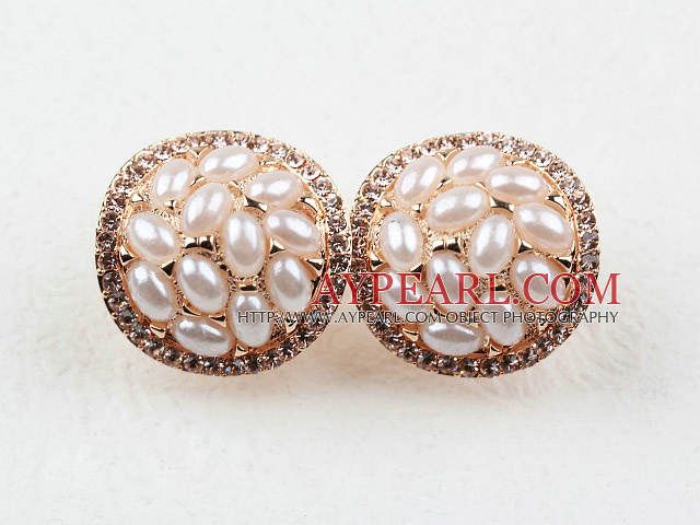 Immitation Rice Shape Pearl with Rhinestone Gold Plated Hypoallergenic Round Studs Earrings