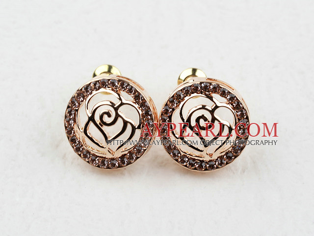 Fashion Style Hollow Rose Flower and Round Shape Rhinestone Gold Plated Hypoallergenic Studs Earrings