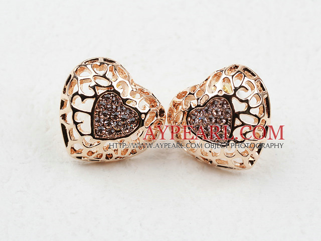 Fashion Style Hollow Heart Shape Rhinestone Gold Plated Hypoallergenic Studs Earrings