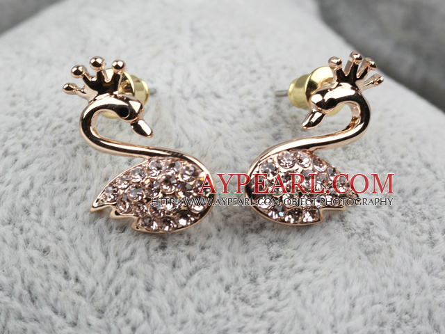 Fashion Style Swan Shape Rhinestone Gold Plated Hypoallergenic Animal Studs Earrings
