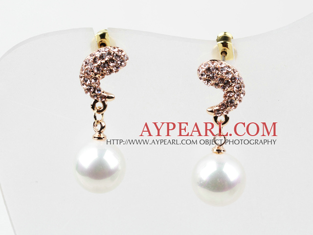 Immitation Round Pearl and Moon Shape Rhinestone Gold Plated Hypoallergenic Studs Earrings