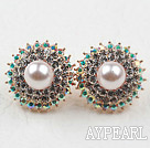 Immitation Round Pearl with Hat Shape Rhinestone Gold Plated Hypoallergenic Studs Earrings