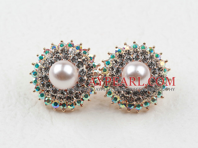 Immitation Round Pearl with Hat Shape Rhinestone Gold Plated Hypoallergenic Studs Earrings