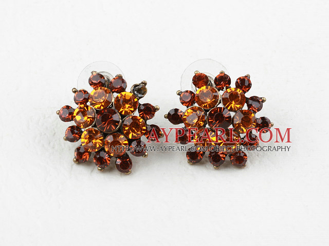 Fashion Style Flower Shape Amber Color Rhinestone Studs Earrings