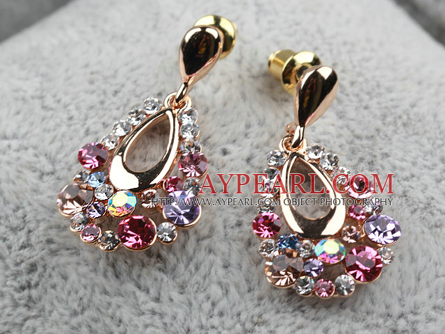 Fashion Style Drop Shape Multi Color Rhinestone Gold Plated Hypoallergenic Studs Earrings