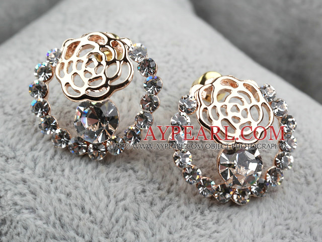 Fashion Style Hollow Rose Flower Shape Rhinestone Gold Plated Hypoallergenic Studs Earrings