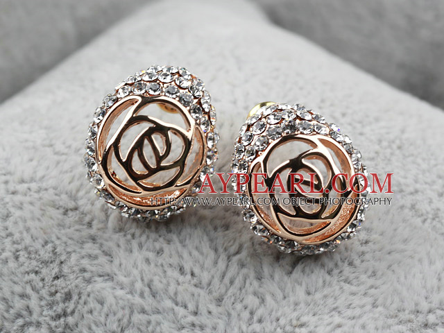 Fashion Style Hollow Rose Flower Rhinestone Gold Plated Hypoallergenic Studs Earrings