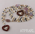 long style fresh water pearl and crystal heart agate necklace 