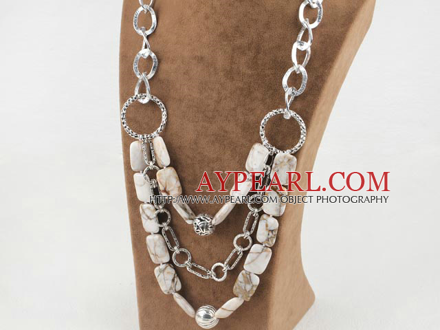 Multi Layer White Flower Jade Stone Necklace with Metal Loop