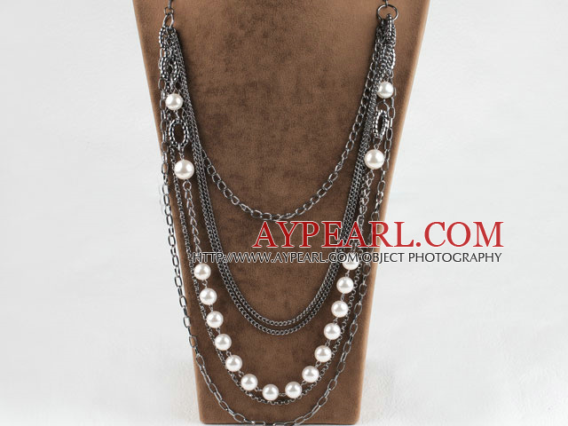 fashion jewelry white acrylic pearl necklace with metal chains