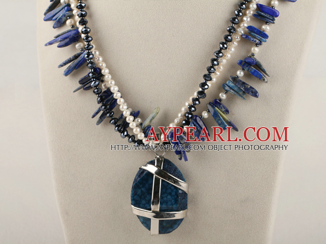 party jewerly three strand white pearl lapis agate crystal necklace